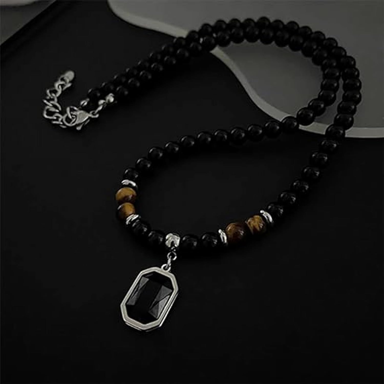Black Beaded Gemstone Pendant Necklace for Men | Tiger Eye Bead Chain with Octagonal Black Stone Pendant