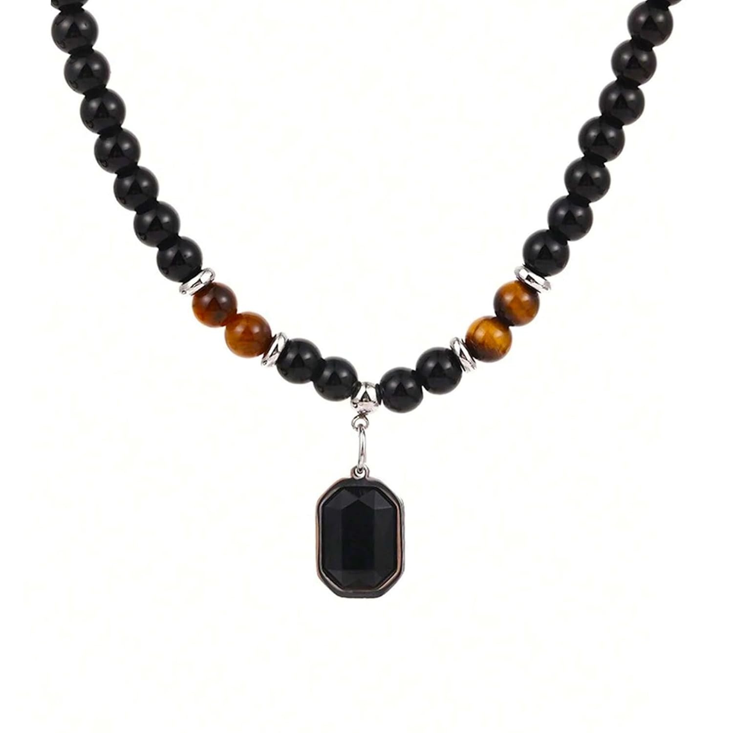 Black Beaded Gemstone Pendant Necklace for Men | Tiger Eye Bead Chain with Octagonal Black Stone Pendant
