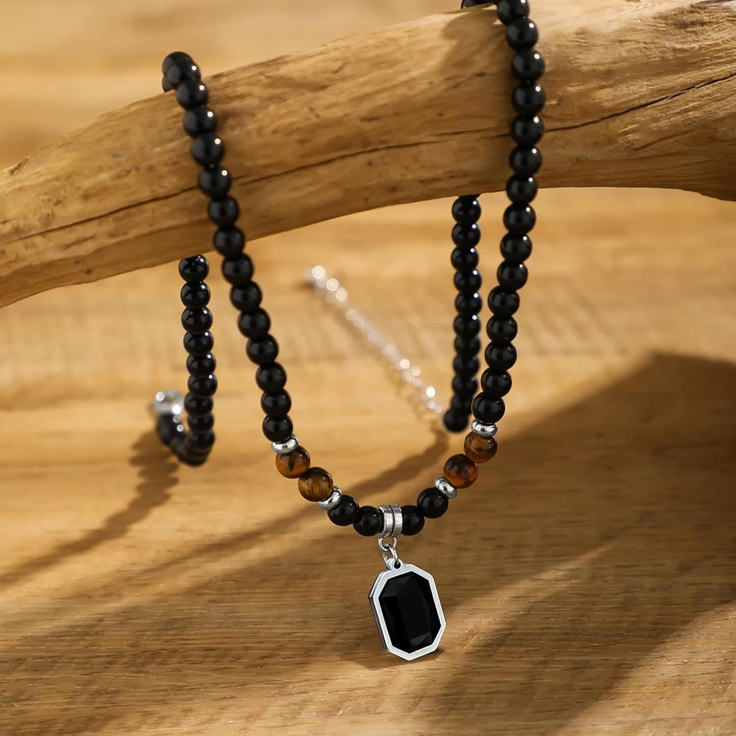 Black Beaded Gemstone Pendant Necklace for Men | Tiger Eye Bead Chain with Octagonal Black Stone Pendant