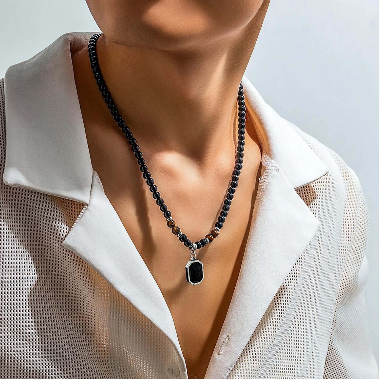 Black Beaded Gemstone Pendant Necklace for Men | Tiger Eye Bead Chain with Octagonal Black Stone Pendant