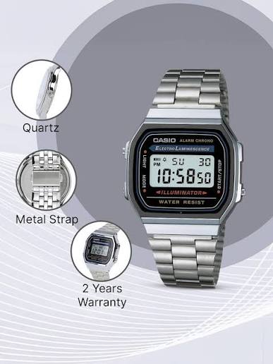 Casio A168WA-1 Vintage Digital Watch for Men with Stainless Steel Band, LED Backlight, Stopwatch & Alarm