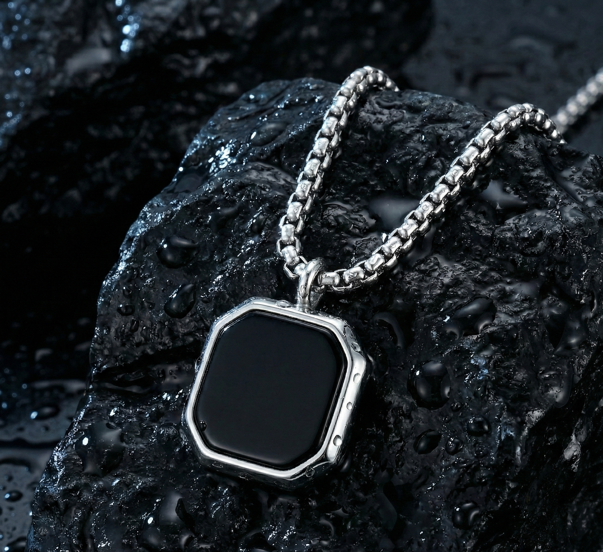 Stainless Steel Chain for Men with Black Square Pendant