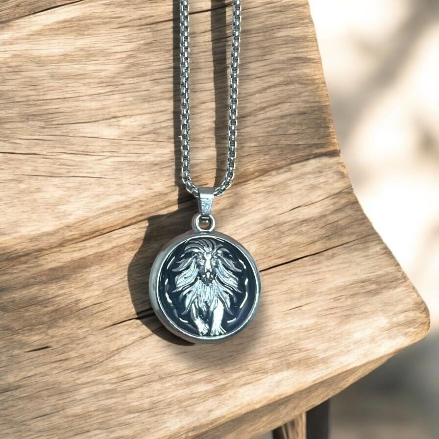 VAMA Rhodium Plated Lion Pendant Chain for Men | Anti-Tarnish Box Chain Necklace (22 Inch)
