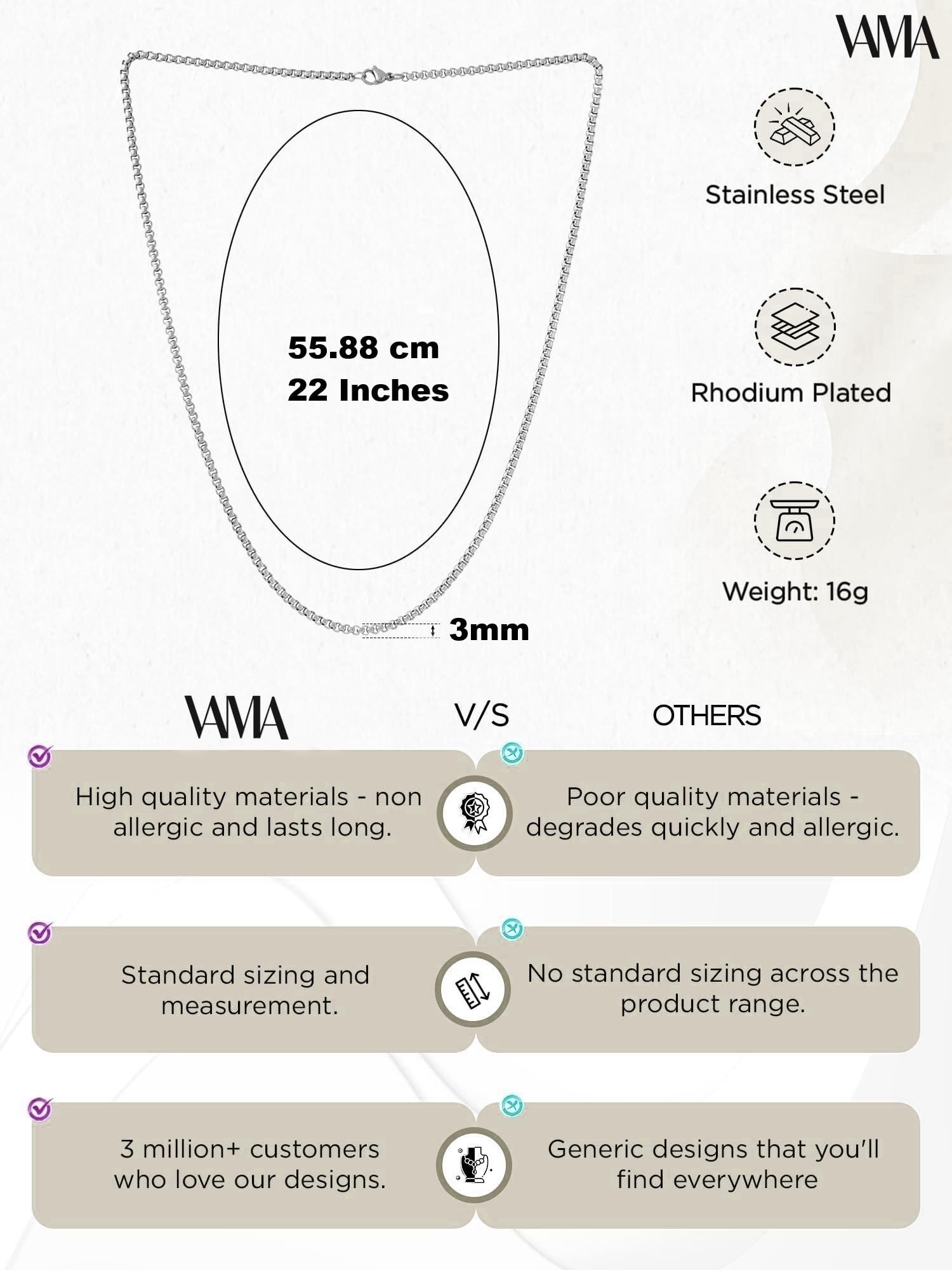 VAMA Rhodium Plated Lion Pendant Chain for Men | Anti-Tarnish Box Chain Necklace (22 Inch)