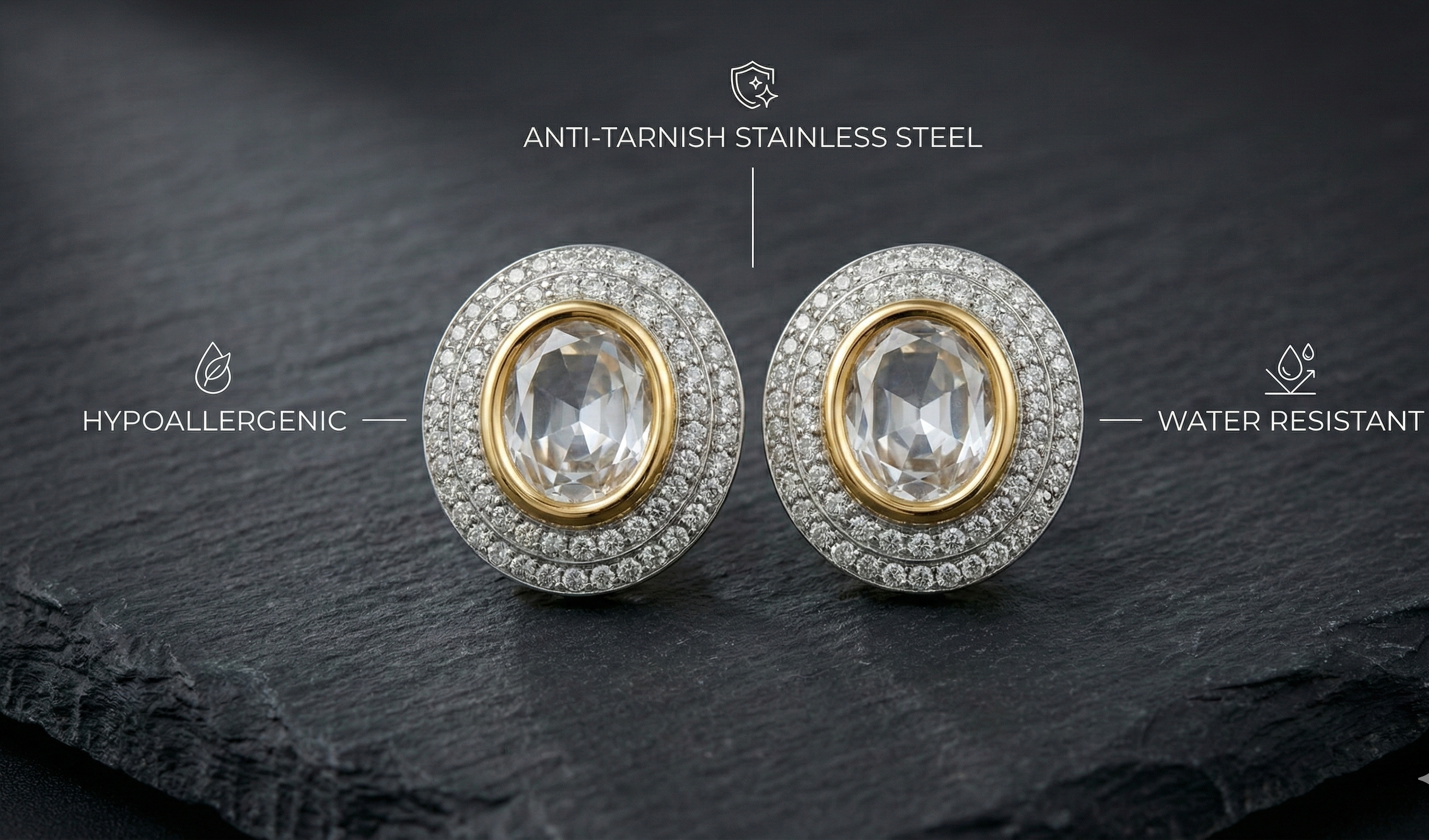 RITZ ART'S Two Tone Oval Cut Cubic Zirconia Stud Earrings,Double Halo Bezel Set Simulated Diamond Earrings for Women - Hypoallergenic Anti-Tarnish Stainless Steel silver Jewelry & Water Resistant.