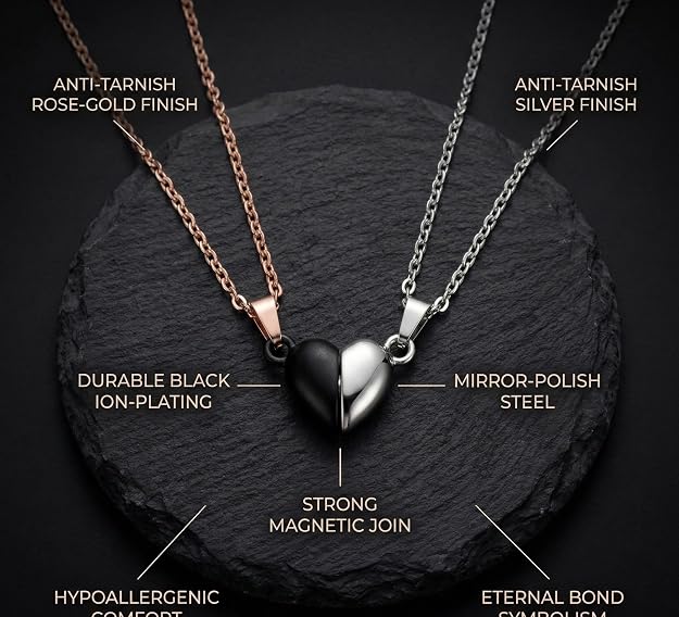 RITZ ART'S Magnetic Friendship Necklaces for 2 - Matching Half Heart Pendants- Magnetic Split Heart Couple Pendant Necklace Set, Rose Gold and Silver Chain, 2 Pieces (Matte Black & Polished Silver)