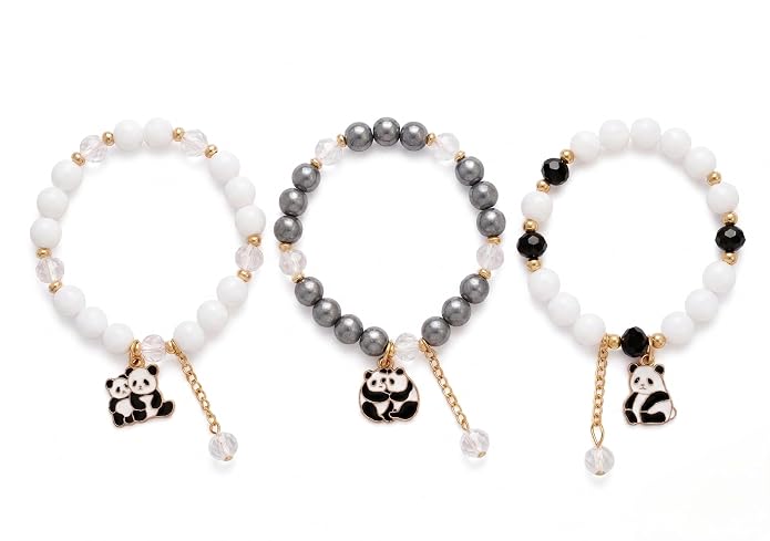 RITZ ART'S Cute Panda Charm Beaded Bracelets for Women and Girls, Elastic Stretch Bead Bracelet Set, Fashion Jewelrys Gifts, Pack of 3