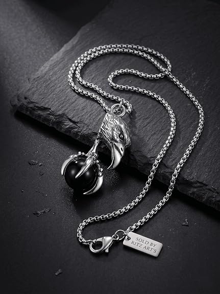 RITZ ART'S Chain for Men 24 Inch Stainless Steel Silver Eagle Claw & Head Pendant with Black Ball, 3mm Thick Stylish Neck Chain for Boys, Hypoallergenic Daily Wear Jewelry for Men