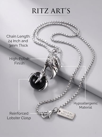 RITZ ART'S Chain for Men 24 Inch Stainless Steel Silver Eagle Claw & Head Pendant with Black Ball, 3mm Thick Stylish Neck Chain for Boys, Hypoallergenic Daily Wear Jewelry for Men