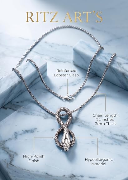 RITZ ART'S Chain for Men Stainless Steel Silver Snake Pendant Necklace 24 Inch Long 3mm Thick Box Chain for Boys Hypoallergenic & High Polish Finish Men's Locket Jewelry Stylish Neckpiece