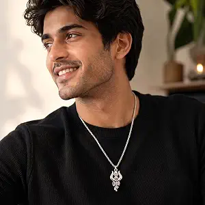 Silver Trishul Damru Om Pendant Necklace