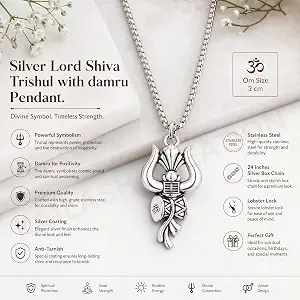 Silver Trishul Damru Om Pendant Necklace